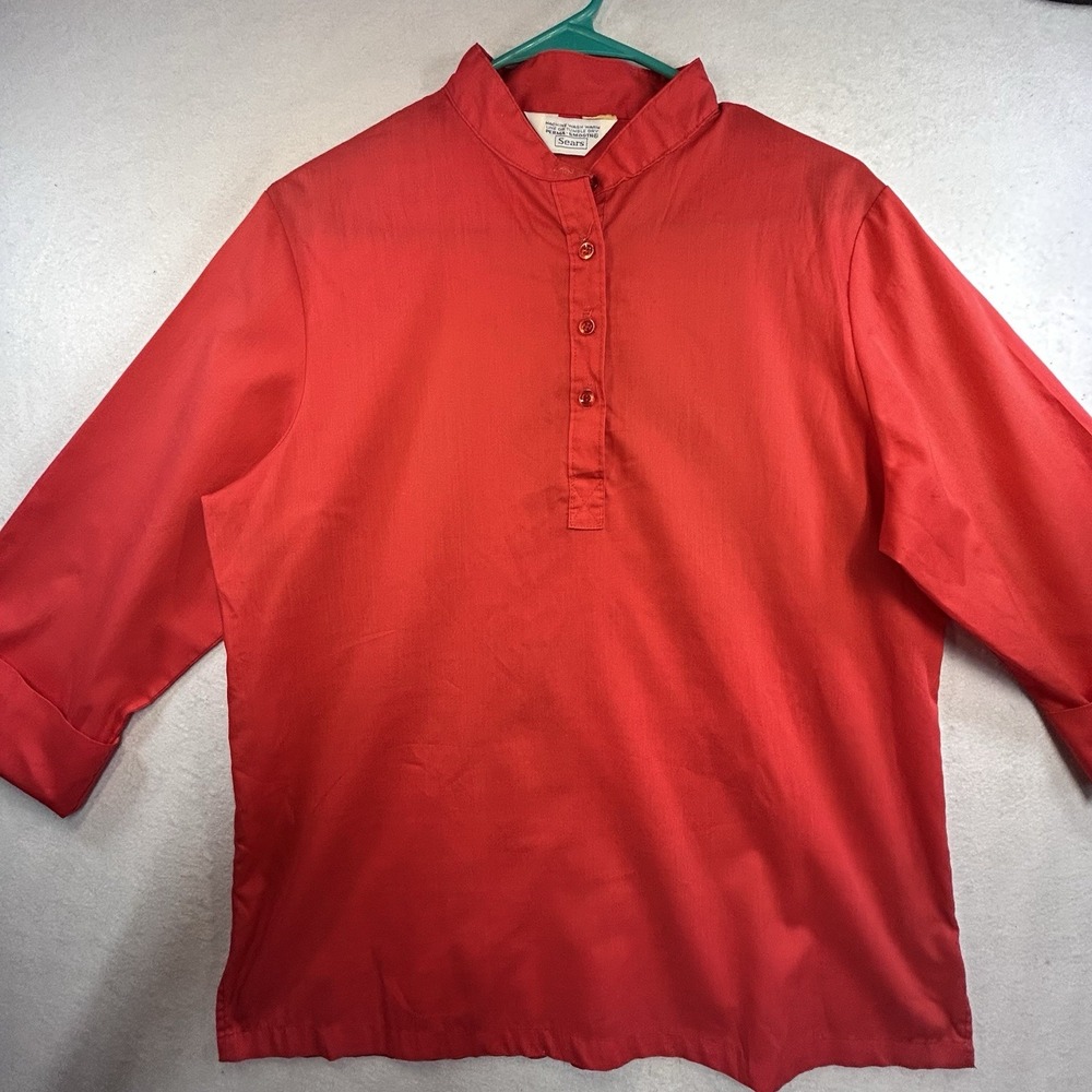 Vintage Cotton Sears Women's Blouse Red 3/4 Length Single Stitch Sleeves